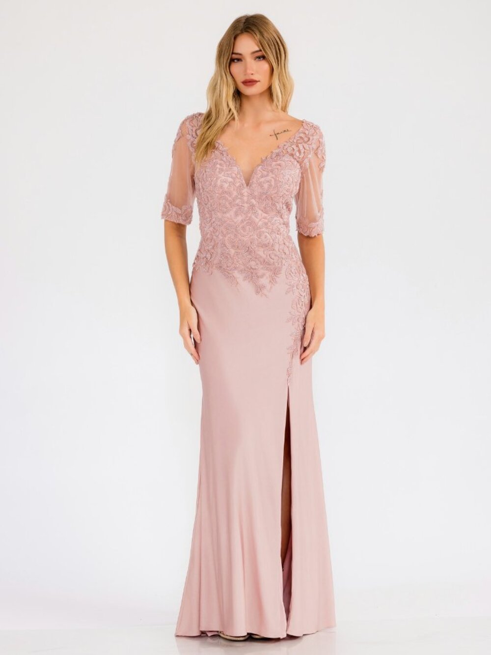 PINK FORMAL DRESS. SHORT FLUTTER LACE APPLIQUE EVENING LONG MOTHER OF THE BRIDE